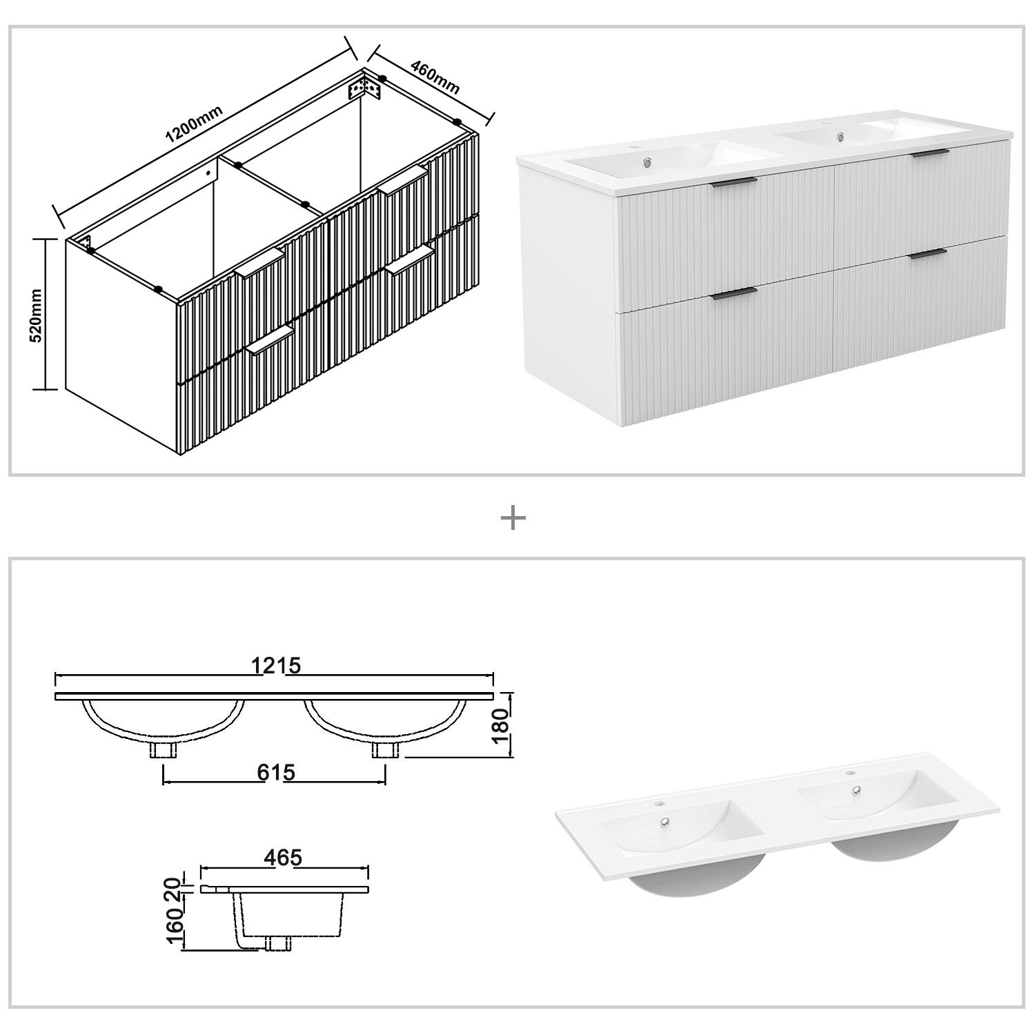 Ensemble Meuble Salle de Bain 120 cm Suspendu avec Miroir LED, 4 Tiroirs à fermeture douce, Double Vasque, Blanc Cannelé - 3