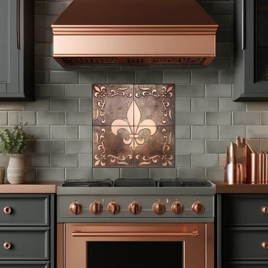 Płytki ścienne z miedzi Sanct, kolor miedź czysta – Ręcznie wykonany panel miedziany do kuchni | Unikalne płytki kuchenne z miedzi