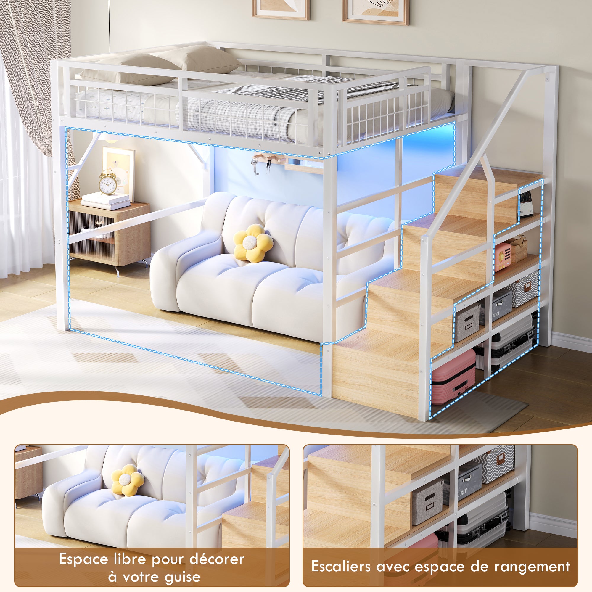 Lit Mezzanine 140x200cm avec LED, Escalier de Rangement, Lit superposé enfant avec Espace Libre Aménageable en Dessous, Cader Métal Blanc,sans Matelas - 5