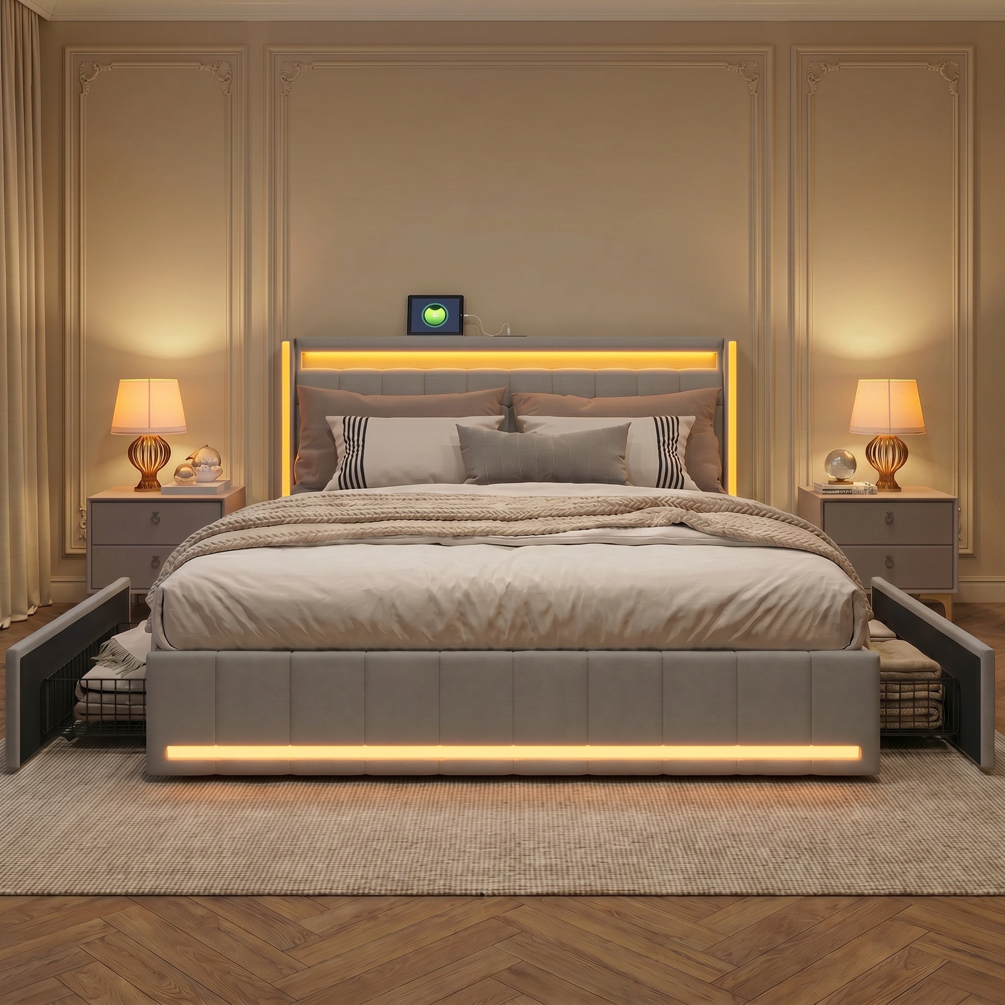 Lit 180x200 avec 4 tiroirs, sommier à lattes, lit double adulte capitonné, tête de lit LED, ports USB et Type-C, lit king size, tissu lin, Beige - 2