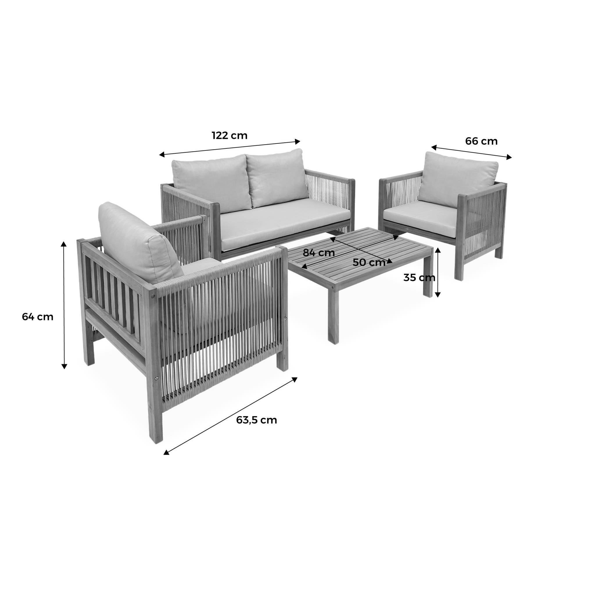 Salon de jardin ALCIRA 4 places en bois d'acacia et cordes beiges et coussins beiges. 1 canapé 2 pl + 2 fauteuils + 1 - 7