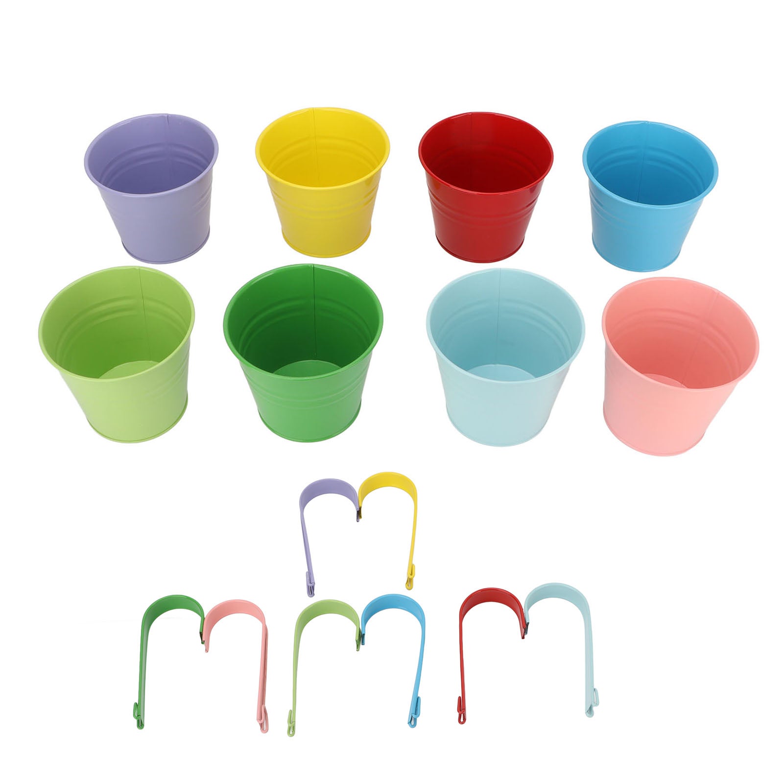 Zestaw 8 wiszących doniczek, kolorowe, dekoracyjne doniczki z żelaza z odpinanymi haczykami do balustrad, ogrodzeń i balkonów