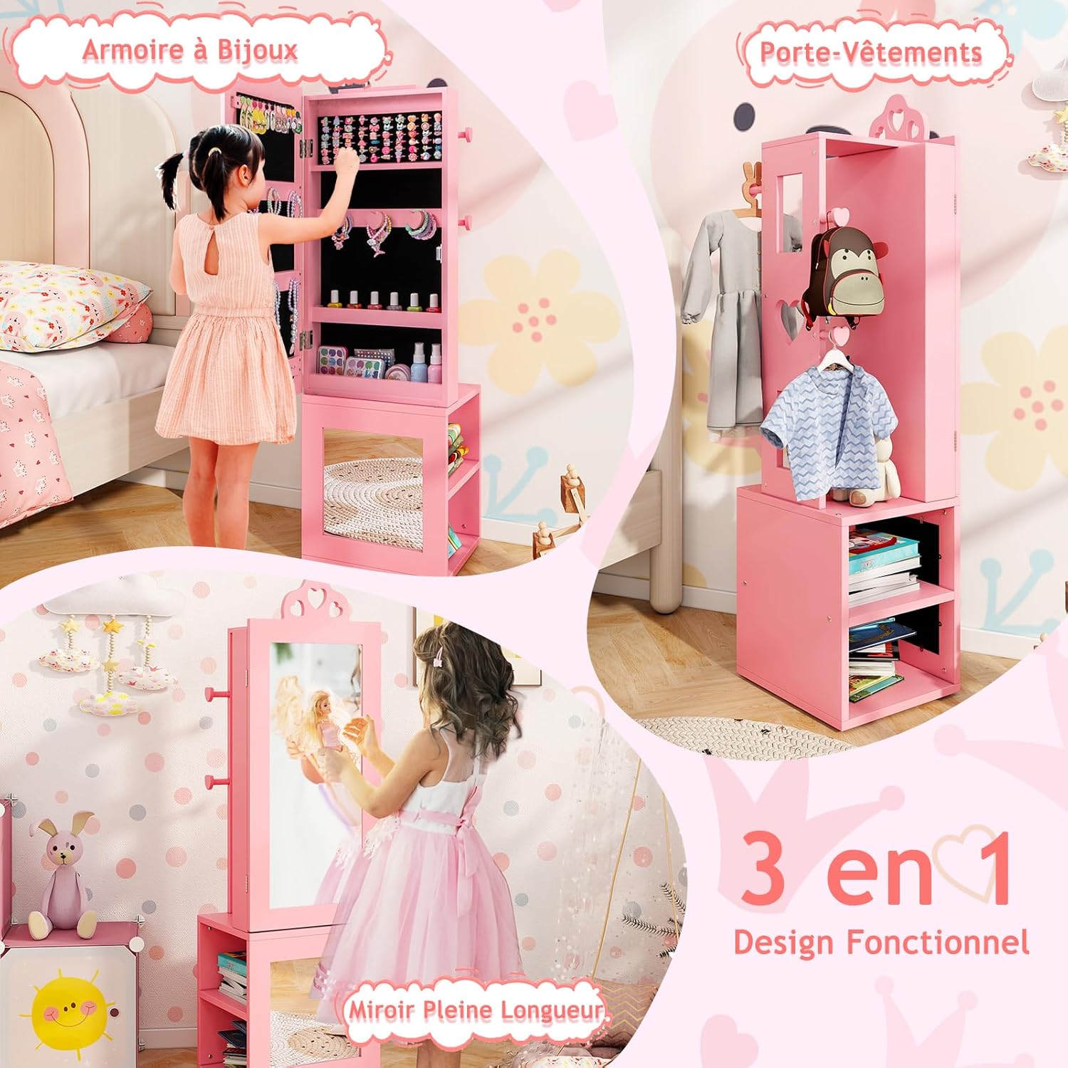 Armoire à Bijoux Enfant, 3 en 1 Armoire de Bijoux sur Pied avec Miroir Pleine Longueur, Porte-vêtements, Kit Anti-basculement, Motif Cœur (Rose) - 2