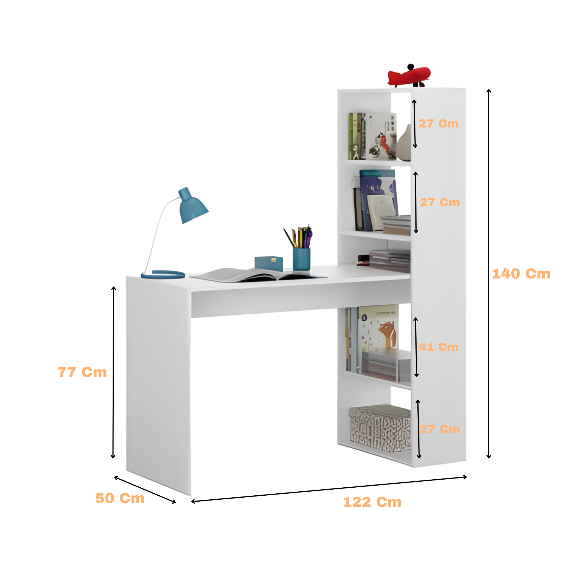 Scrivania per computer con scaffale reversibile, 5 vani portaoggetti, colore bianco, 122 cm (L) x 50 cm (P) x 140 cm (A) - 9