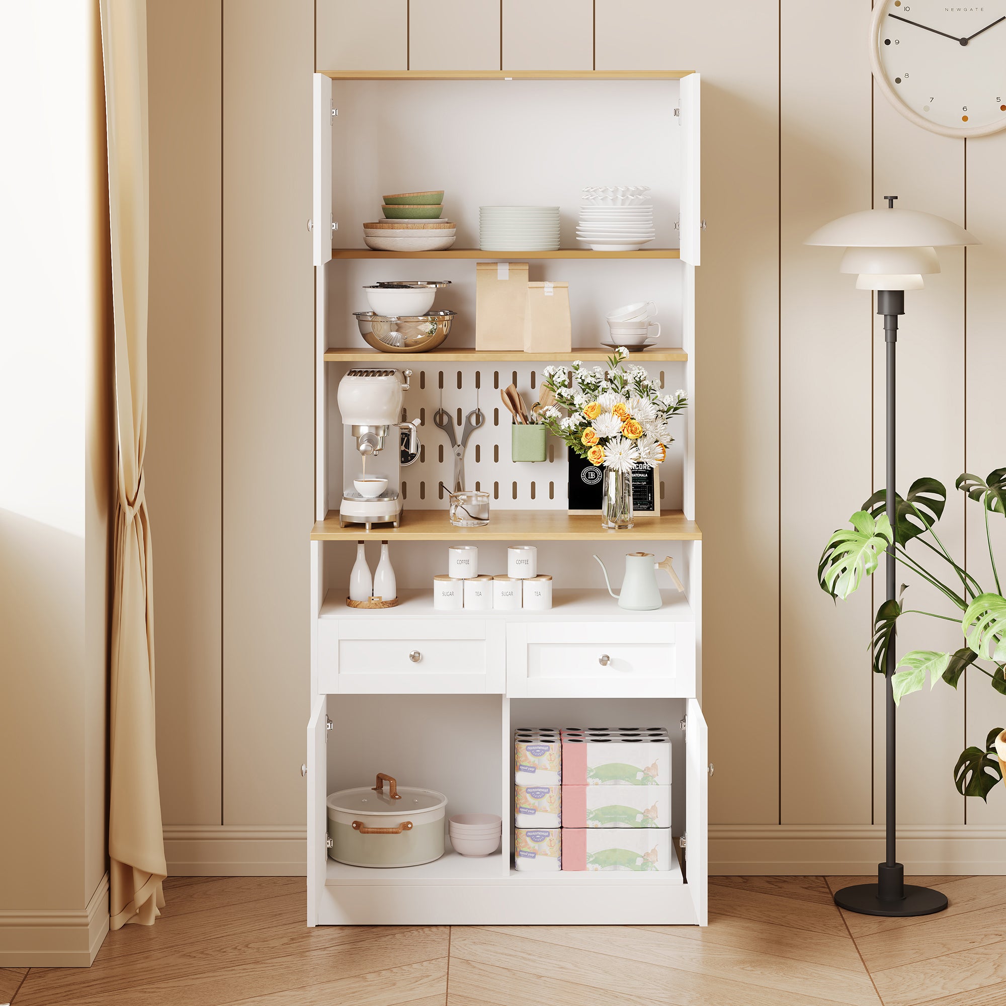 Nowoczesna komoda 80x40x175 cm - Z 2 szufladami i 4 drzwiami - Z perforowanym panelem - Płyta MDF + płyta wiórowa - Biały i naturalny - 8