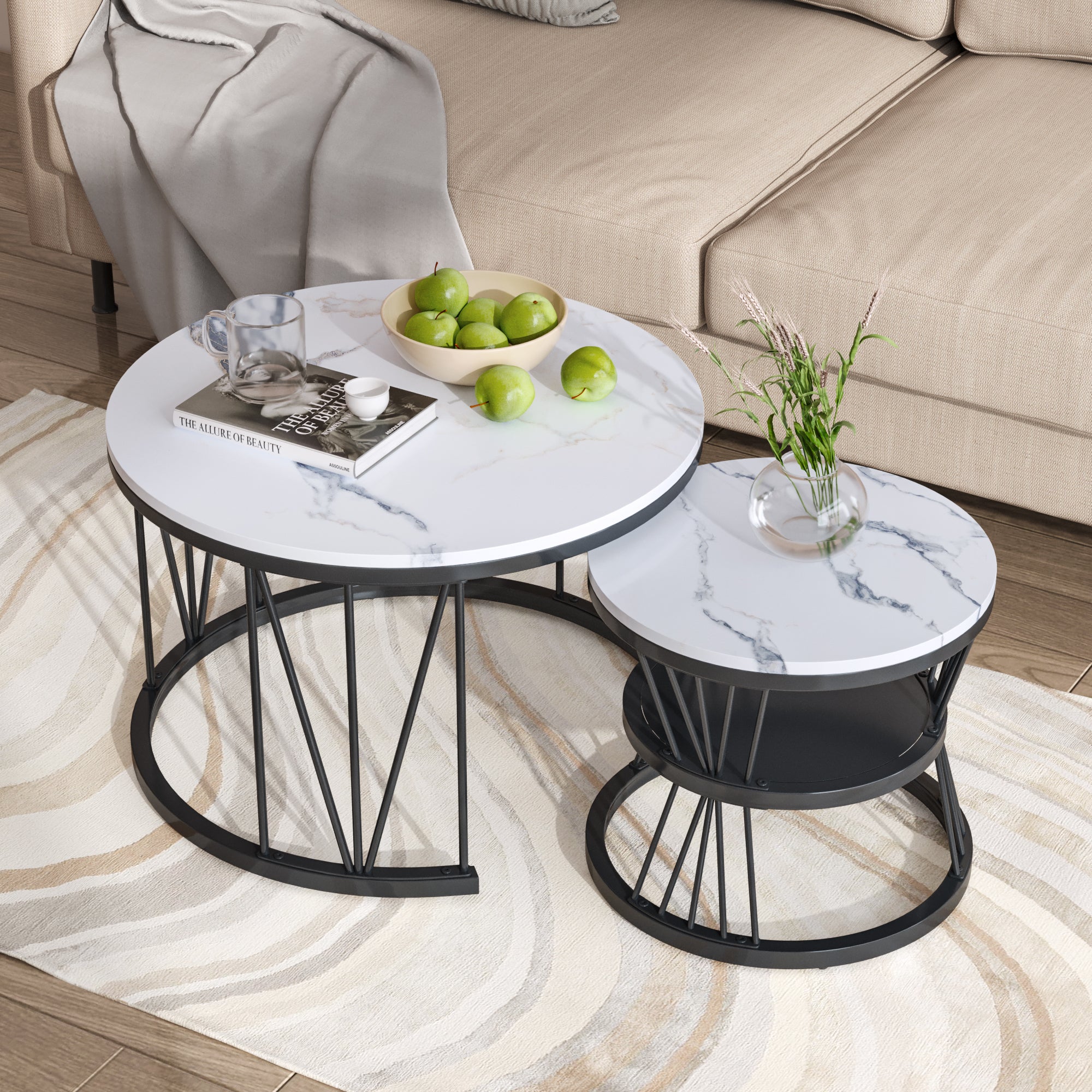 Ensemble de 2 Tables Basses Rondes, Tables Gigognes de Salon Modernes avec Pieds en Métal Doré, Noir et Blanc(70 x 45cm) - 3