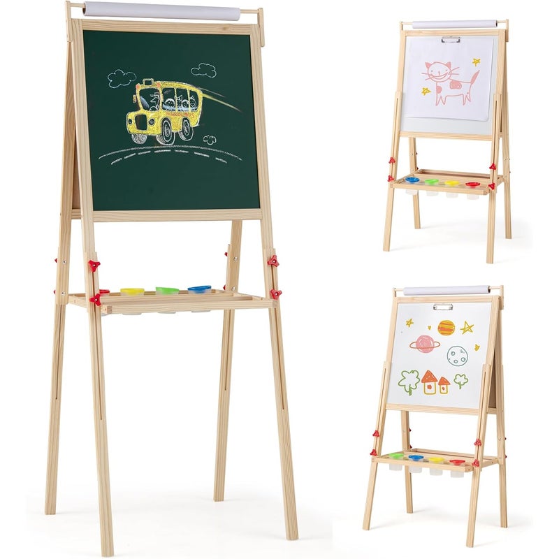 Dwustronna Tablica Magnetyczna dla Dzieci, 3 w 1 Sztaluga z Regulowaną Wysokością, Tablica Biała/Czarna do Wymazywania, 2 Pojemniki do Przechowywania