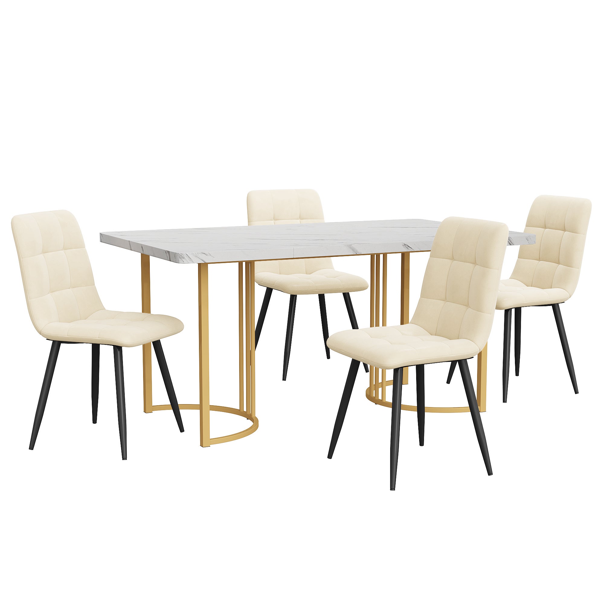 Ensemble table à manger + 4 chaises en velours -140 x 80 x 75 cm - MDF et pièds en métal doré - Blanc + beige - 4