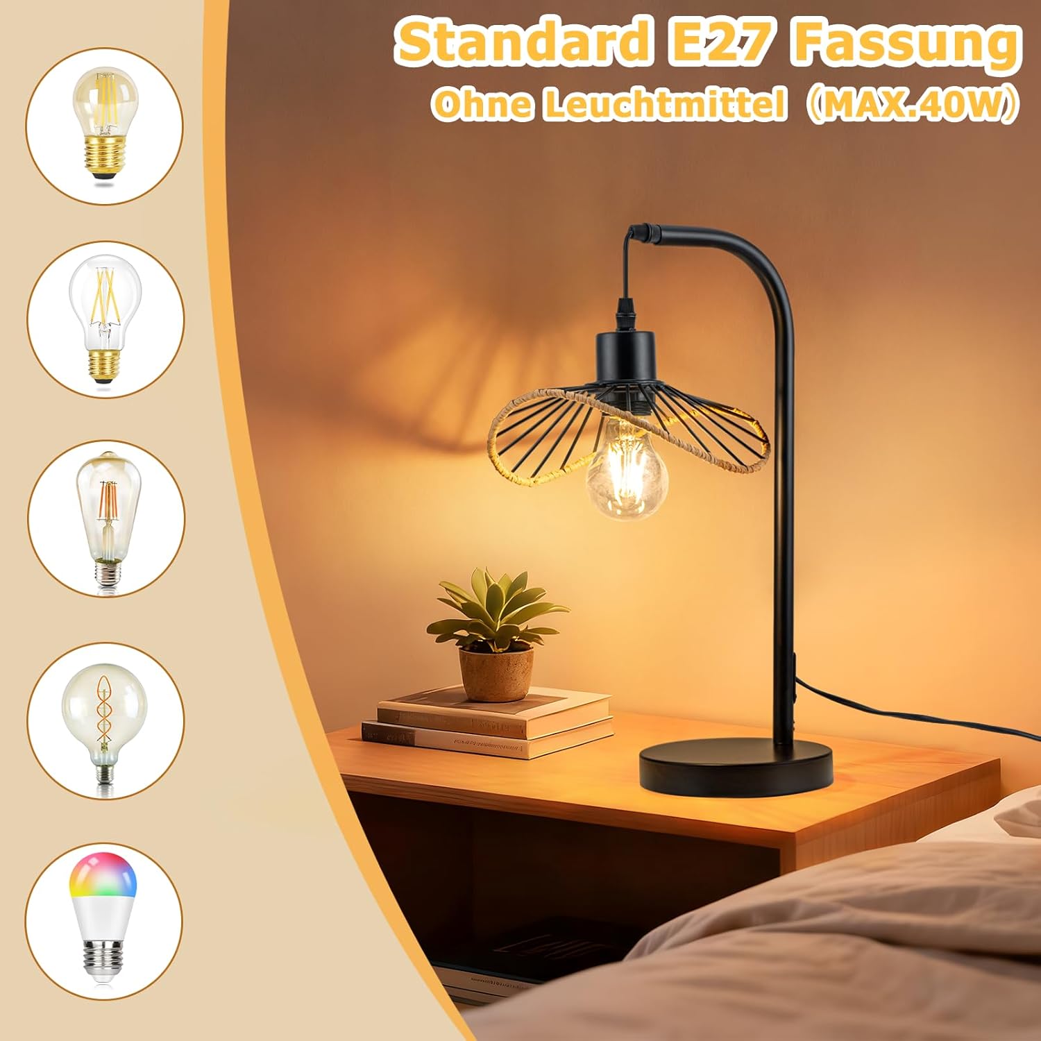 ZMH Lampa biurkowa E27 w kolorze czarnym w stylu vintage do sypialni - 4
