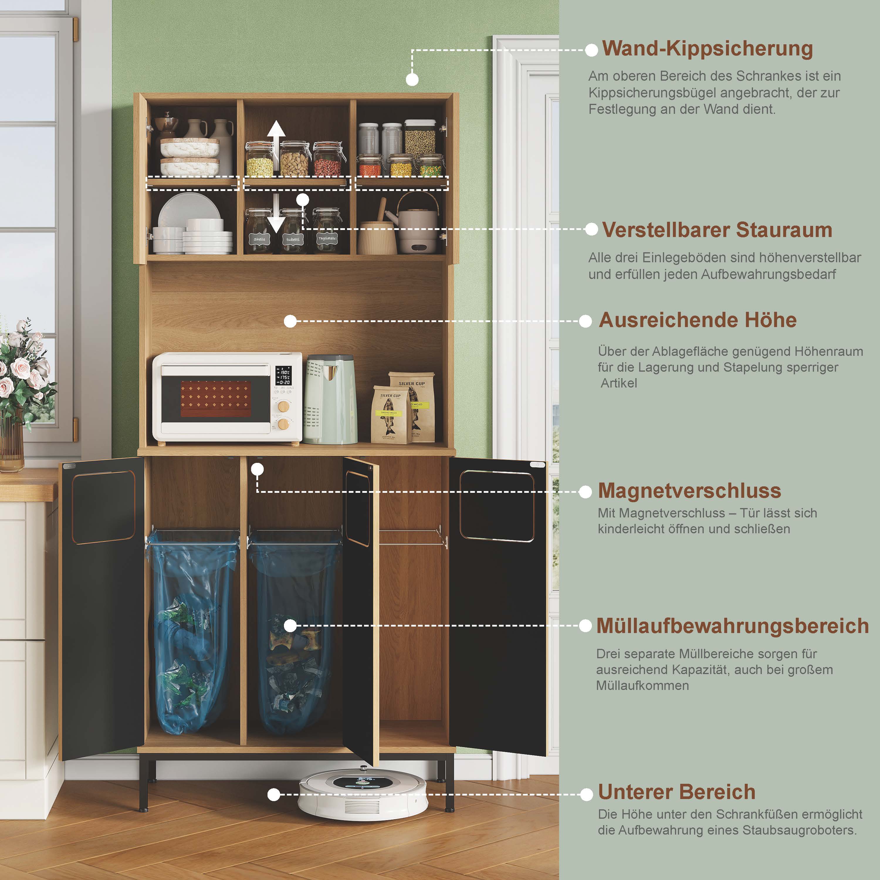 Armoire poubelles cuisine 3 portes tri sélectif hauteur 181 cm aspect chêne 3 compartiments micro-ondes aspirateur 80x35x181 cm - 4