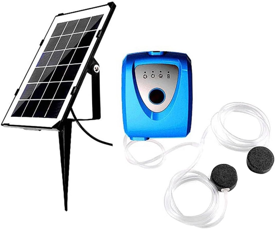 Pompa powietrza solarna, napowietrzacz do akwarium i stawu, z rurką tlenową i kamieniem napowietrzającym (niebieska)