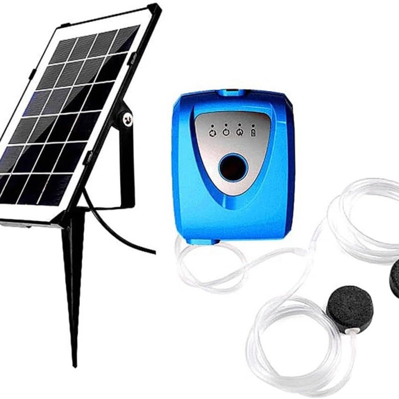 Pompa powietrza solarna, napowietrzacz do akwarium i stawu, z rurką tlenową i kamieniem napowietrzającym (niebieska)