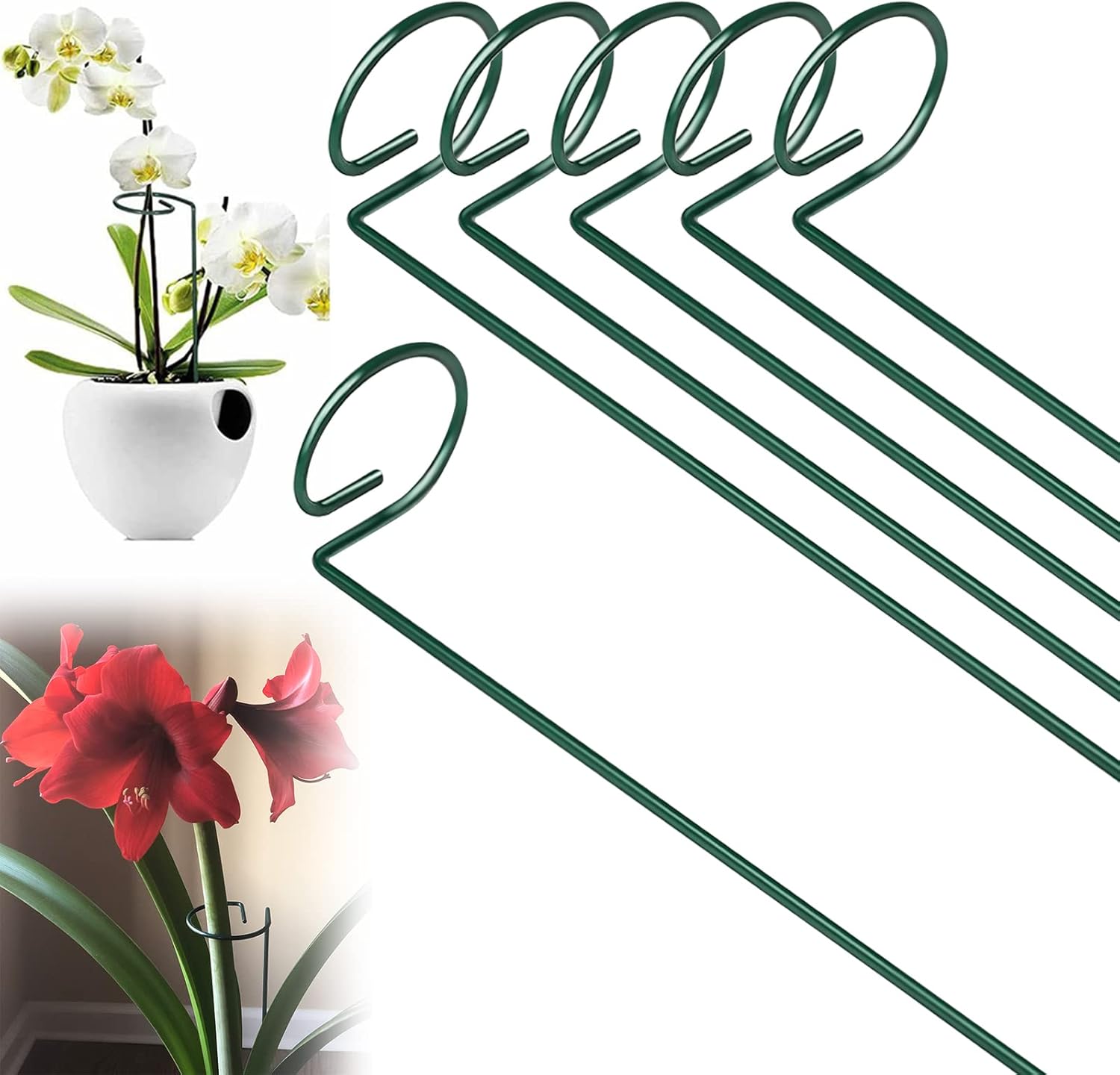 Zestaw 6 metalowych palików podtrzymujących do roślin - pojedynczy pręt - 40 cm - do pomidorów, piwonii, lilii, róż i amarylisów, zielony
