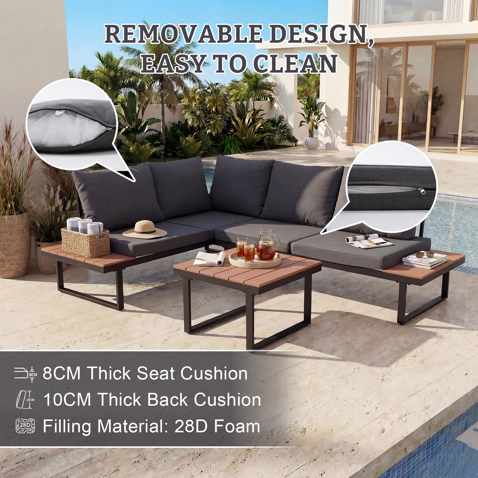 HOMAVO Salon de Jardin Extérieur, Convient à 3-4 Personnes, Comprend un Canapé d'Angle en L et une Table Basse, Housse de protection contre la pluie - 2