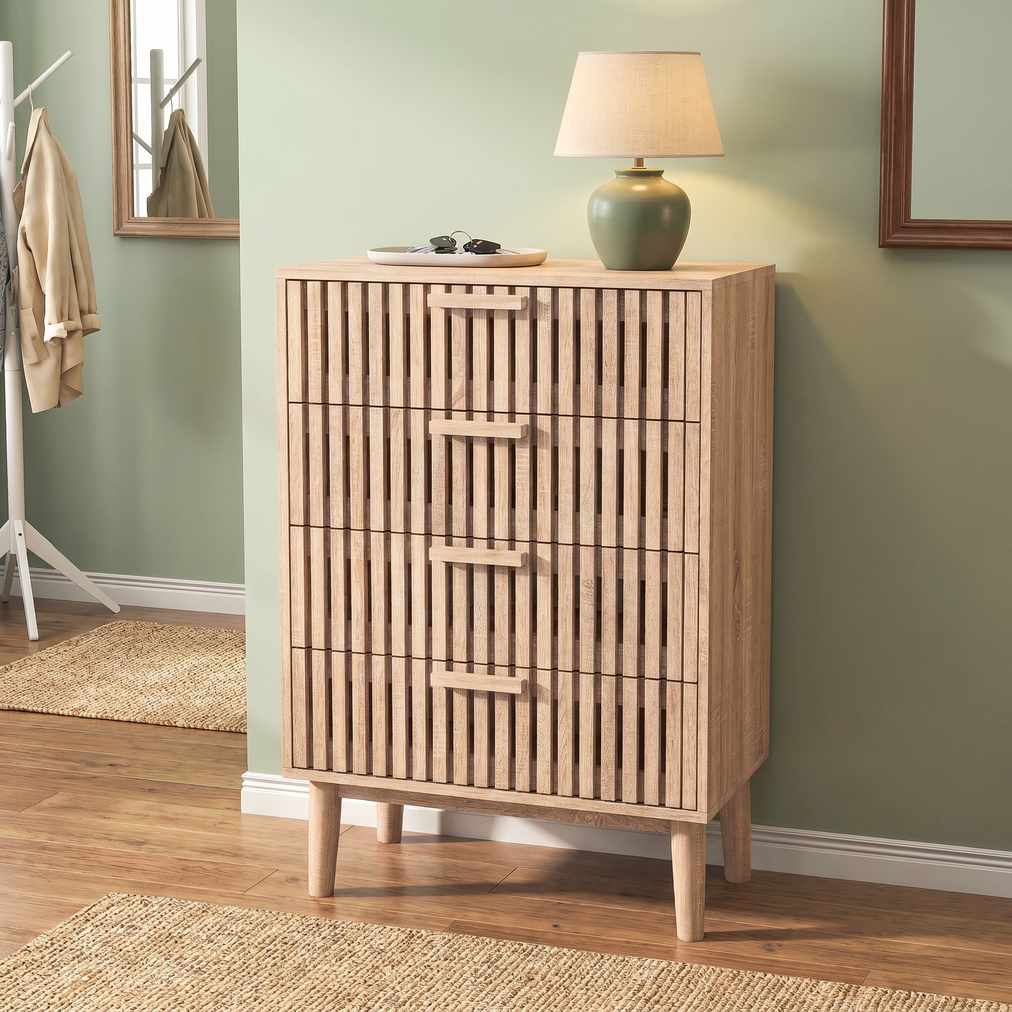 Commode à 4 tiroirs, Buffet, Meuble à chaussures, Table d'appoint, Meuble de rangement, Couleur bois naturel - 2