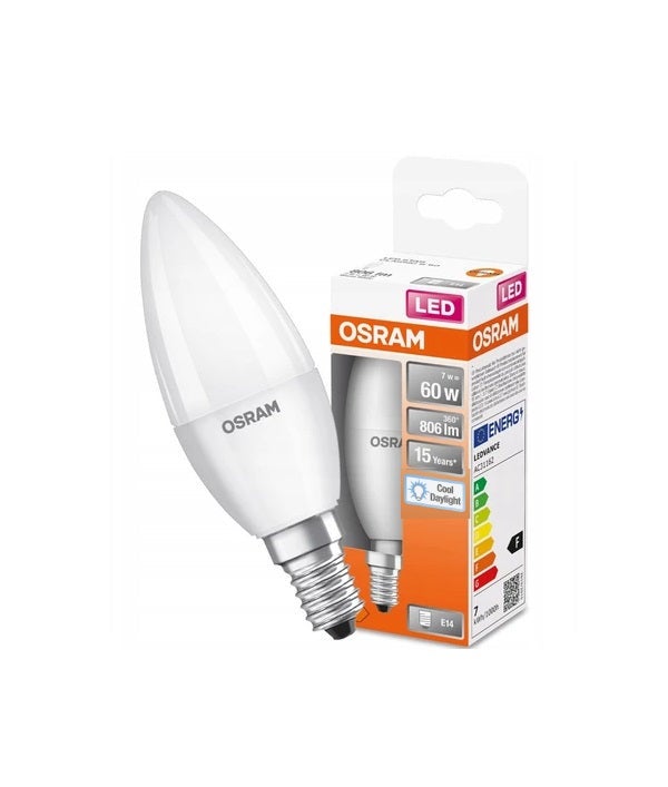 Ampoule LED Osram, forme classique de mini-tentes, remplacement de 60 watts, E14, B-Shape, 6500 Kelvin, Cold Daylight, Matt, Pack unique - 6