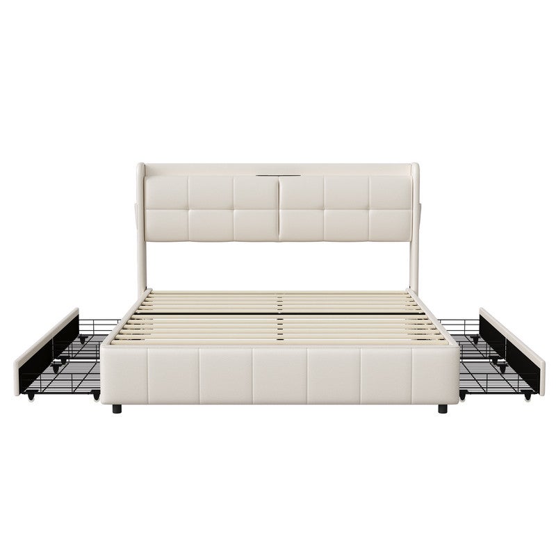 Lit rembourré 160 x 200 cm, Lit double avec USB et tête de lit, Cadre de lit avec sommier à lattes, sans matelas, beige - 5