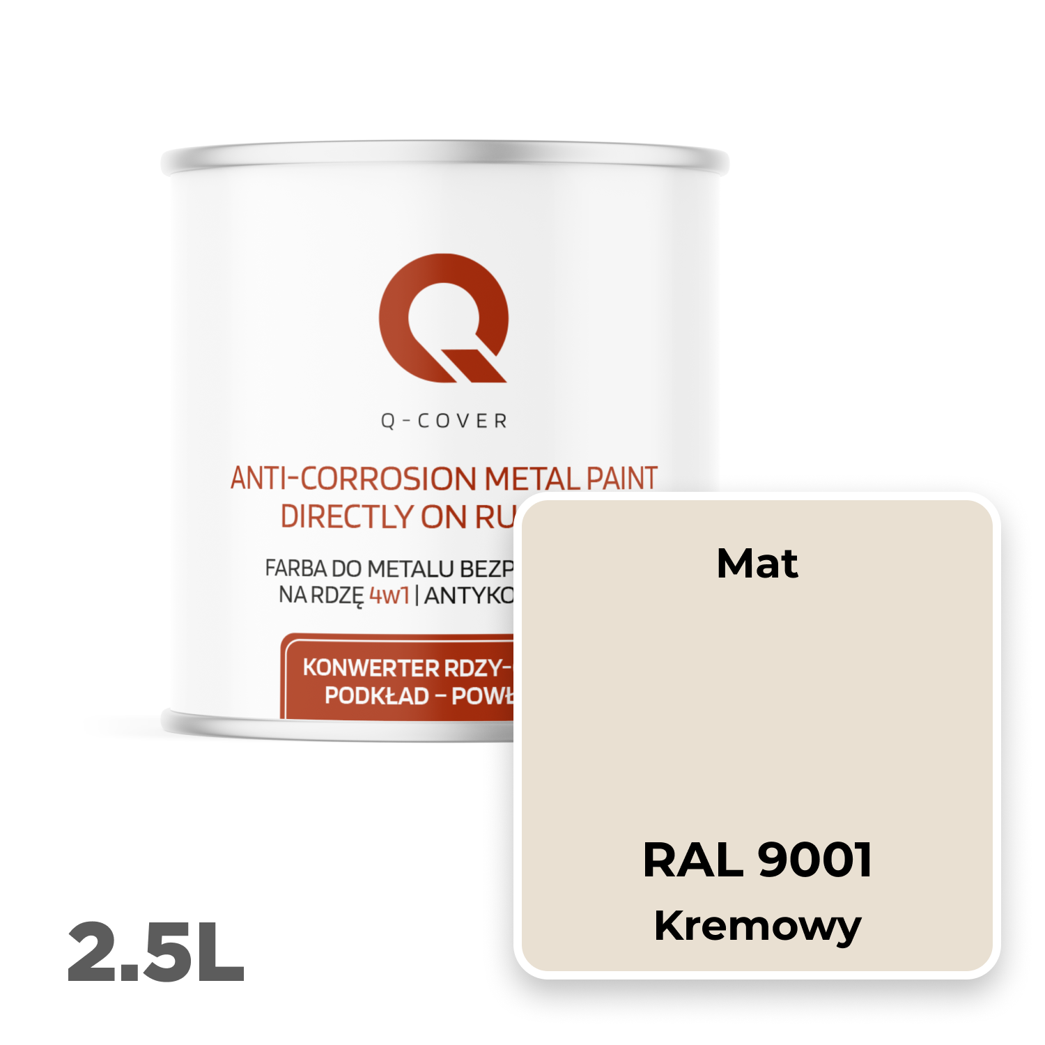 Farba do Metalu Prosto na Rdzę 4w1 Q-Cover Kremowy RAL9001 Mat 2.5L - 2