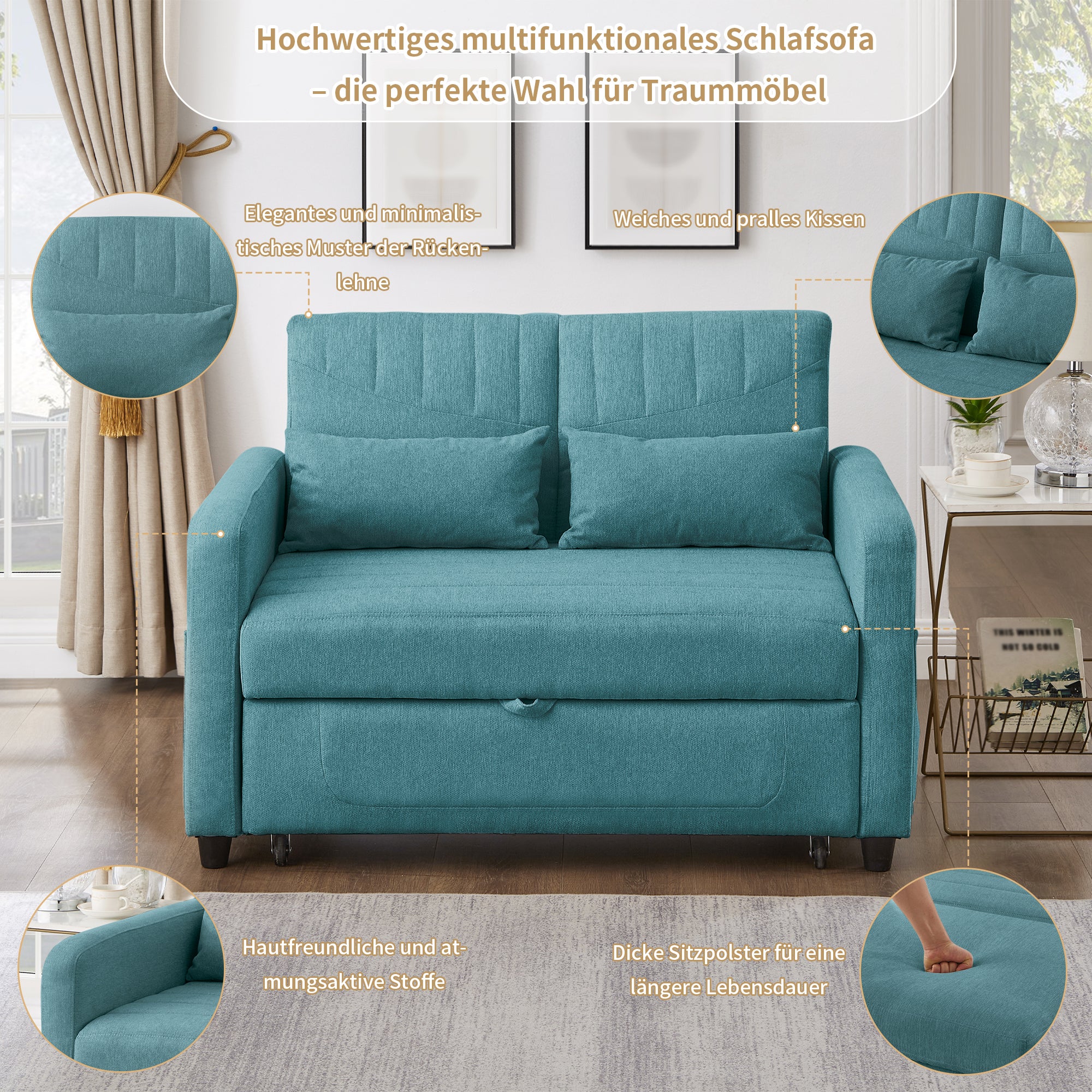 Sofa 2-osobowa rozkładana z 3-stopniową regulacją oparcia - 114 x 77 x 82,5 cm - Tkanina bawełniano-lniana - Niebieska - 6