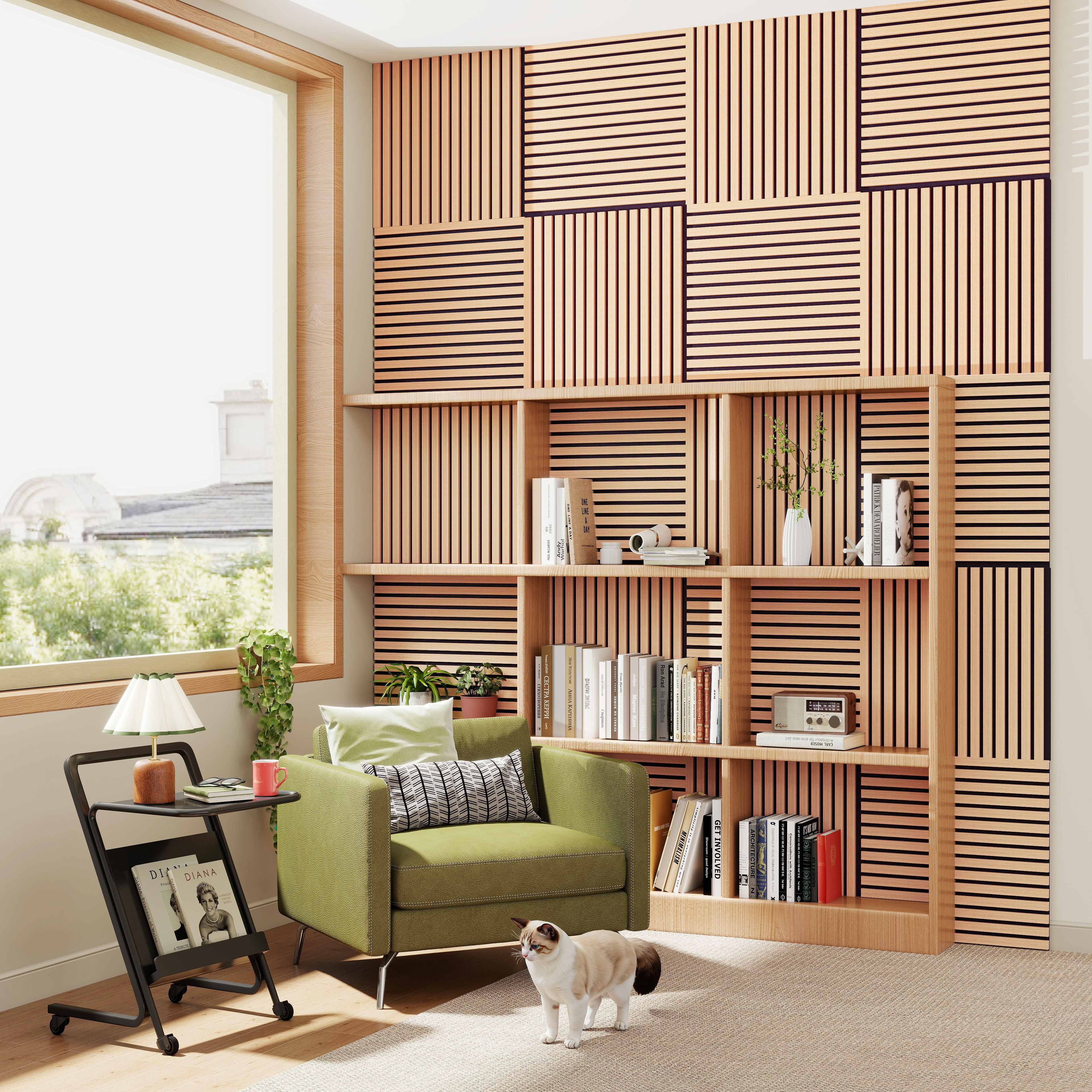 Lot de 4 Panneaux Muraux Décoratifs Acoustiques Bois MDF 60x60cm Chêne foncé AntiBruit, Facile à Poser - 2