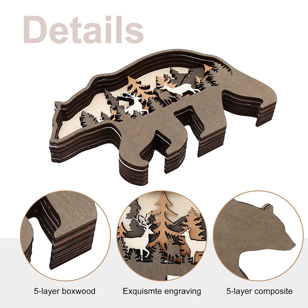 2pcs Ornements 3D en bois de Noël, figurines créatives d'animaux, ours et orignal, décoration artisanale pour salon et bureau, idée cadeau festive - 7