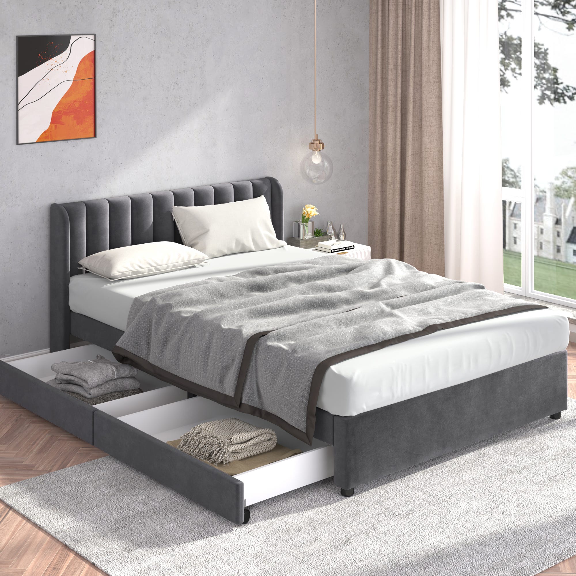Lit Double 160x200 Cm Avec Rangement - Velours Gris, Sommier à Lattes Inclus - Tête De Lit Design, Système Hydraulique - Pour Adulte Et Adolescent