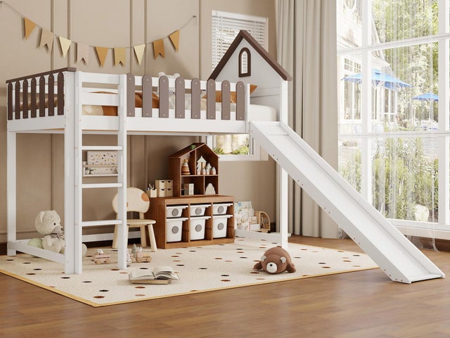 Lit mezzanine 90x200 cm avec échelle et toboggan - en bois de pin et MDF - Blanc & Marron