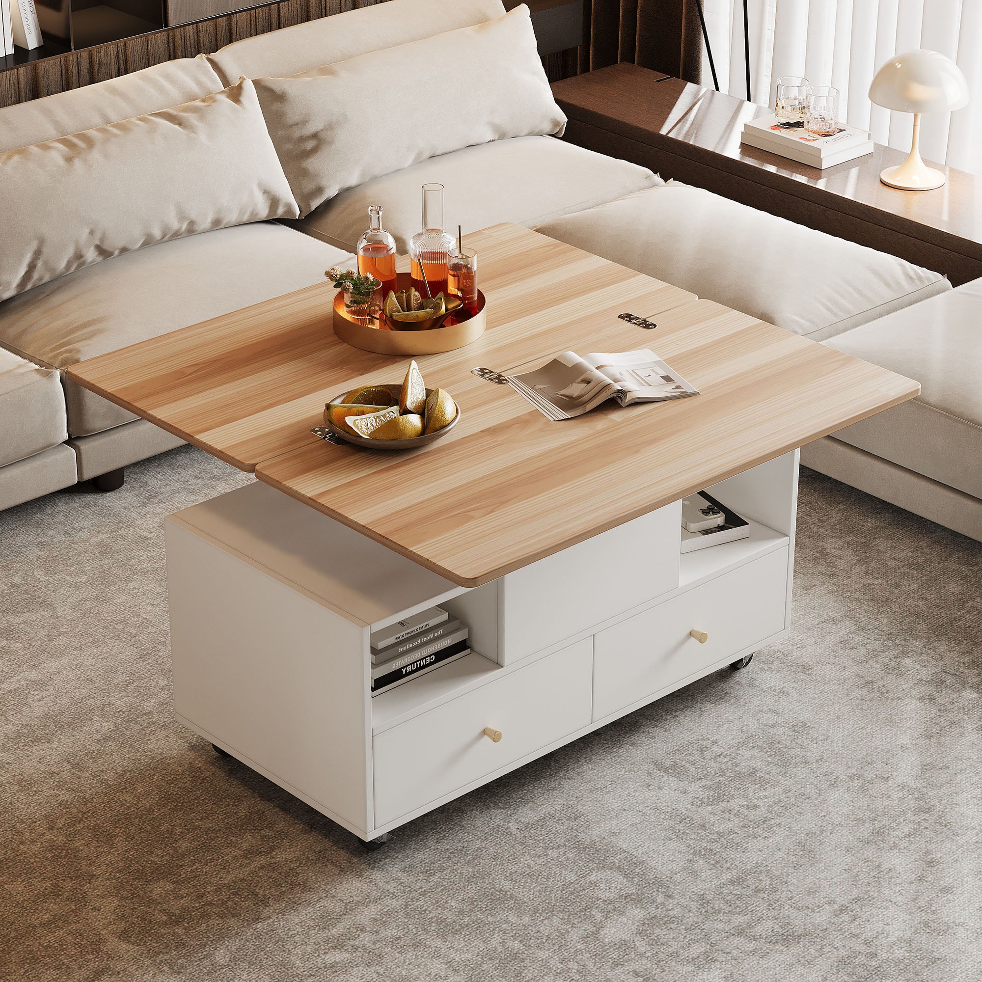 Table basse relevable mobile avec 4 tiroirs et 2 compartiments - 100 x 50 x 47,5 cm - MDF - Blanc + naturel - 3