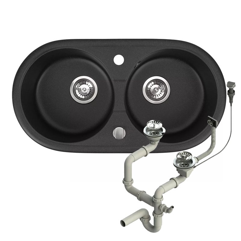 Zlewozmywak granitowy Brenor Libra czarny 79 x 42,5 cm dwukomorowy z syfonem automatycznym 1 szt.