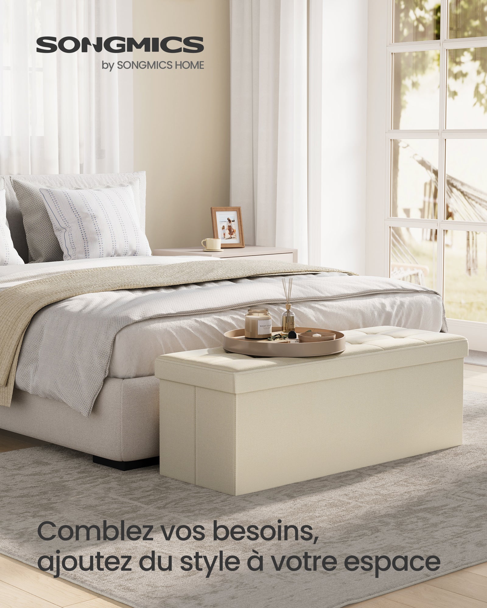 Banc de Rangement Pliable de 110 cm, Coffre de Rangement, Tabouret Repose-Pieds, Pouf de Chambre, Beige - 2