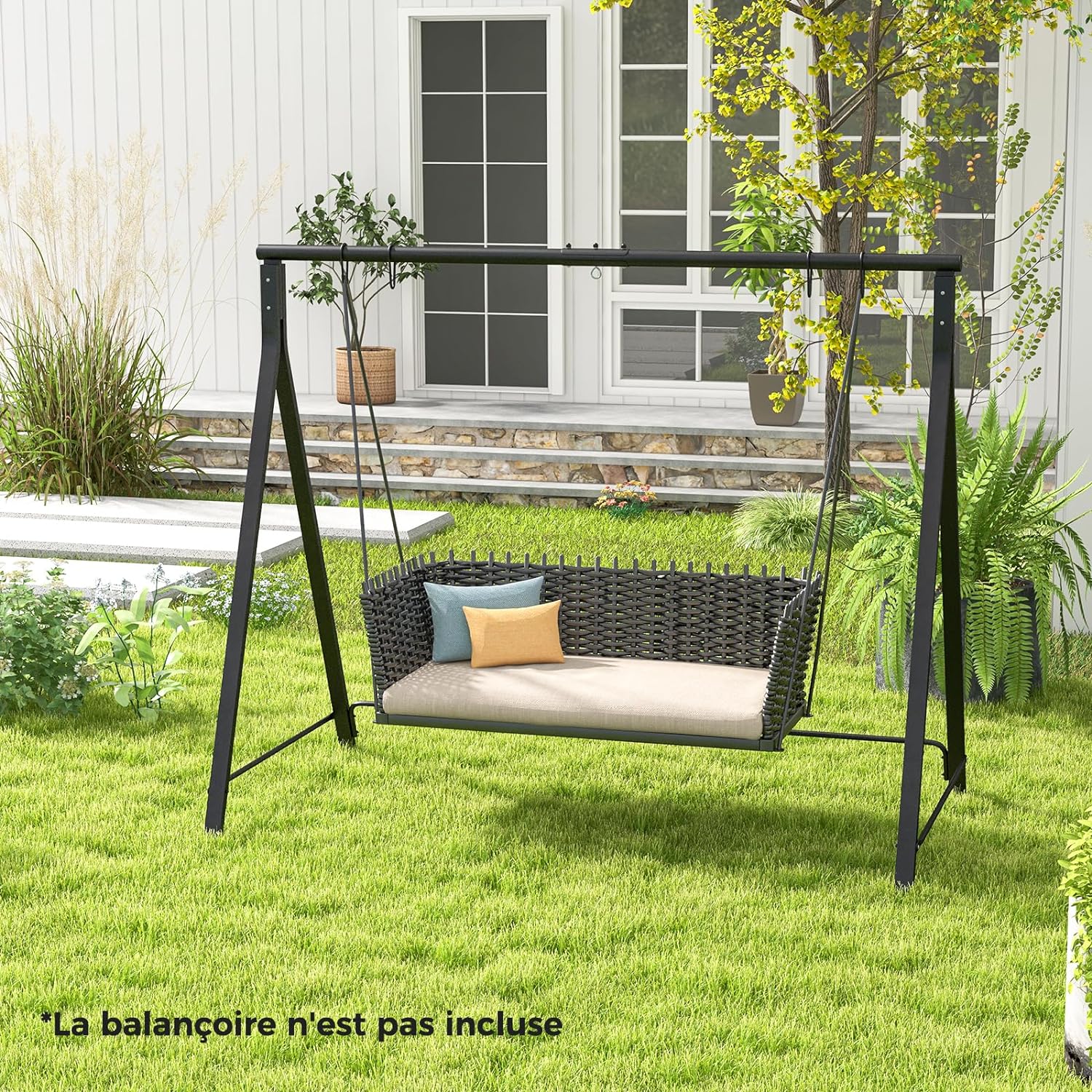 Portique Balançoire Extérieur,Support Balançoire Porche en Métal, Cadre de Balançoire,Capacité 160 kg /120 kg (210x110x175CM,Noir) - 7
