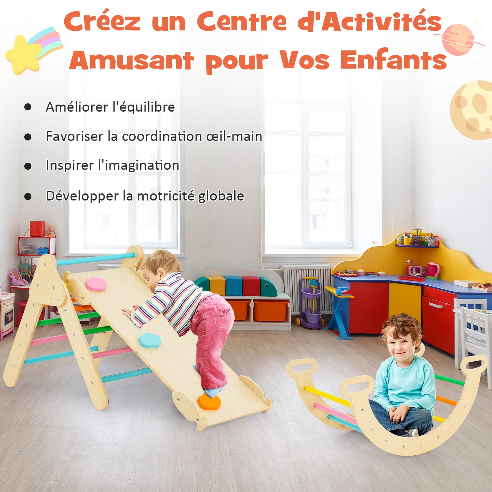 7 en 1 Triangle Arche Montessori d'escalade Enfants avec Toboggan Bois, Rampe, Échelle Réglable, Charge 50 KG, pour Tout-Petits Bébé 1 An+ - 5
