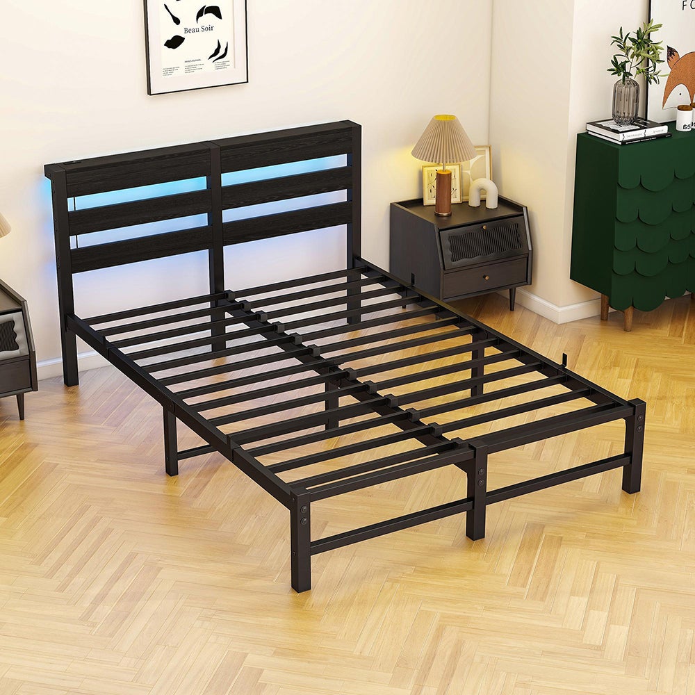 Łóżko dla dorosłych z oświetleniem LED i stacją ładującą USB, metalowa konstrukcja, materac nie wchodzi w skład zestawu, kolor czarny – 120 x 200 cm - 7
