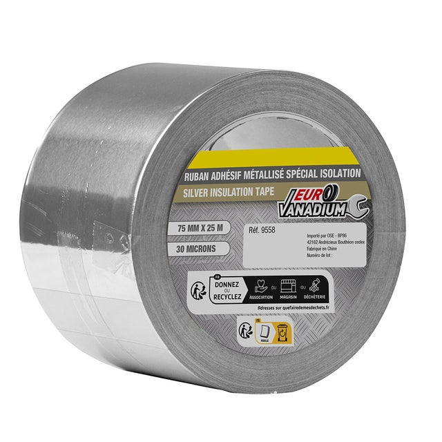 Ruban adhésif isolant thermique métallisé gris alu 25 m x 0,75 cm EURO VANADIUM