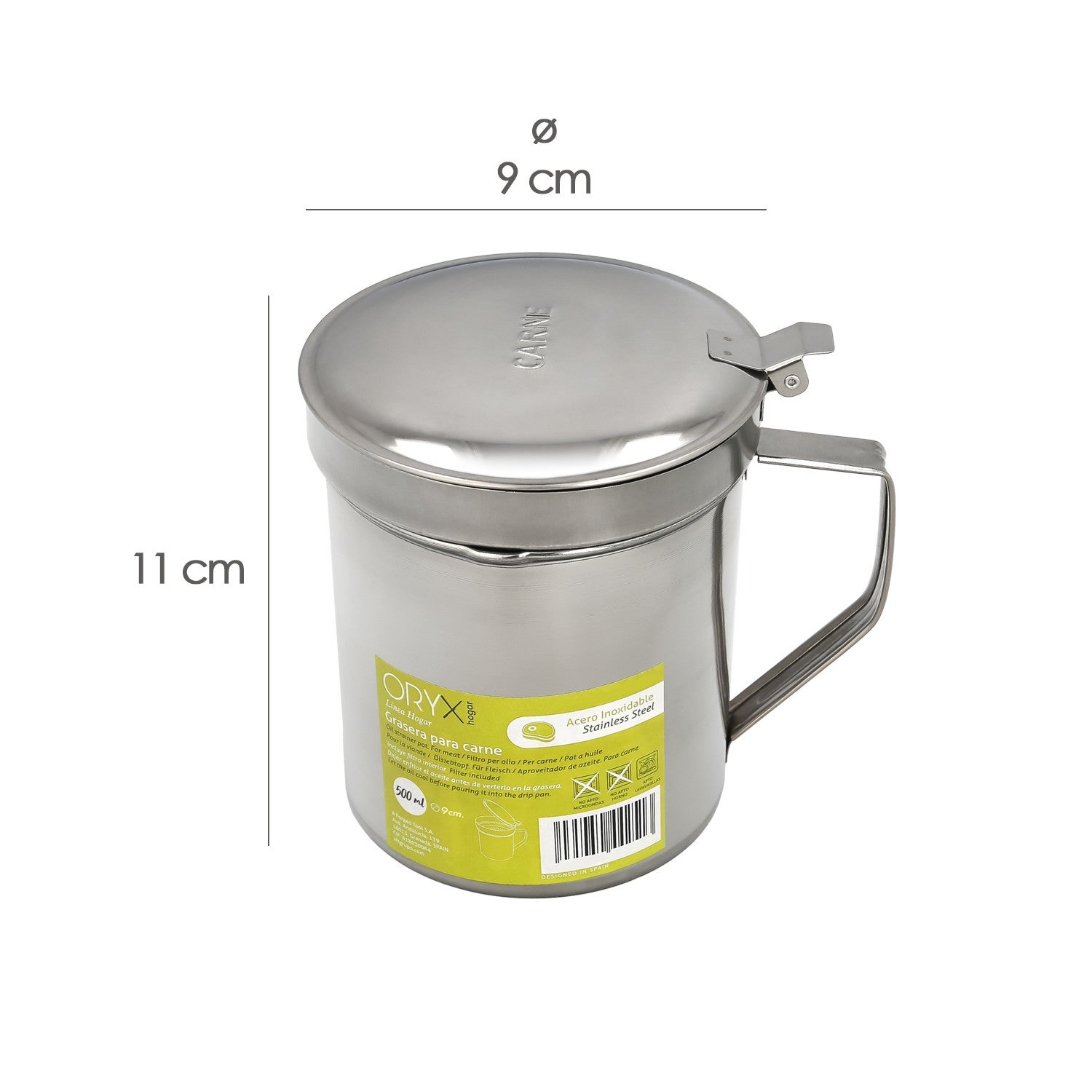 Grasera Acero Inoxidable Para Carne, Aceitera Aceite Usado 0,5 lts. Con Colador y Tapa, Recipiente Reciclaje Aceite Usado Carne - 2