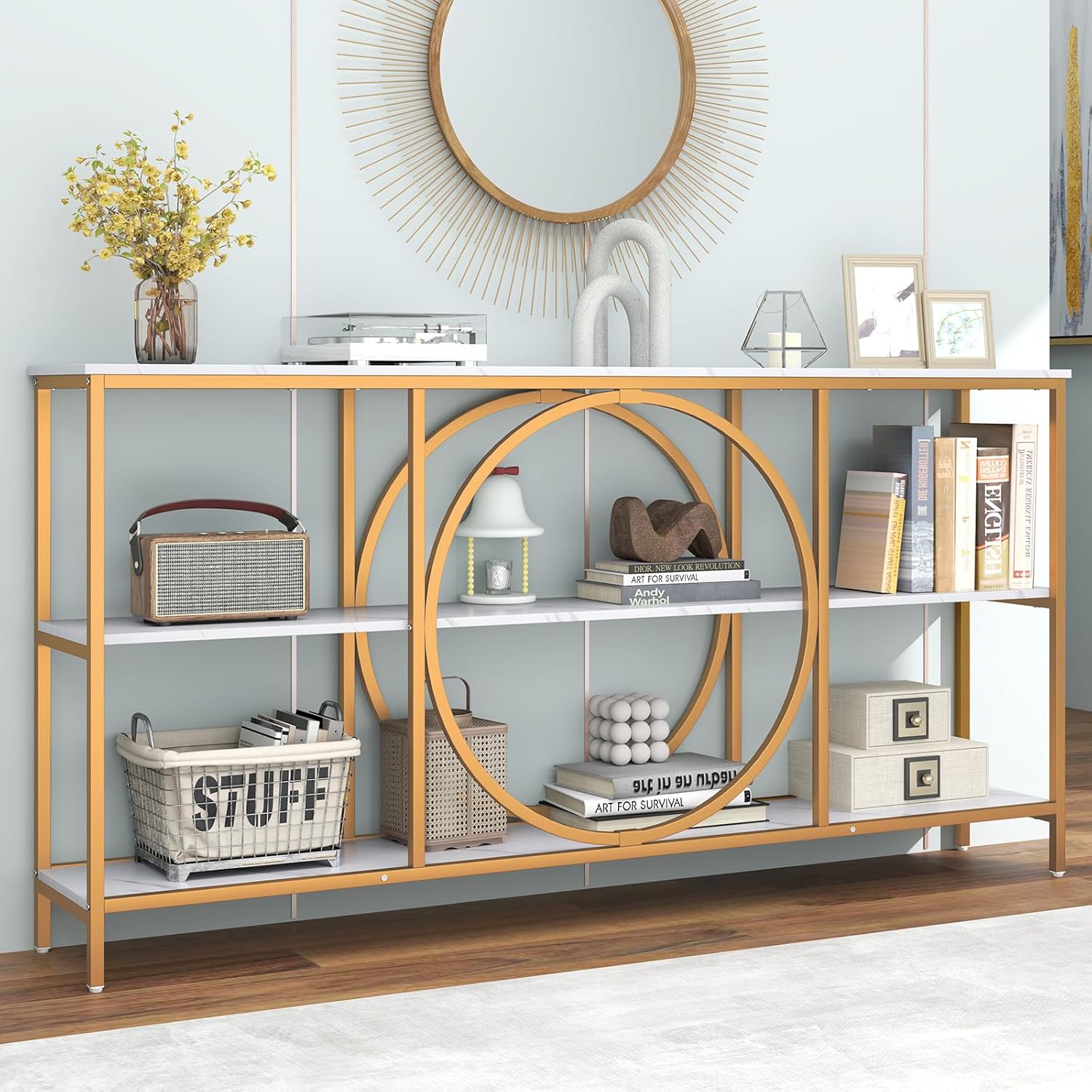 Stół Konsolowy z Marmuru w Kolorze Złotym – 180x30x90 cm – Stół do Przedpokoju z 3 Poziomami i Metalową Ramą – Wąski Stolik Pomocniczy – Długi Bufet