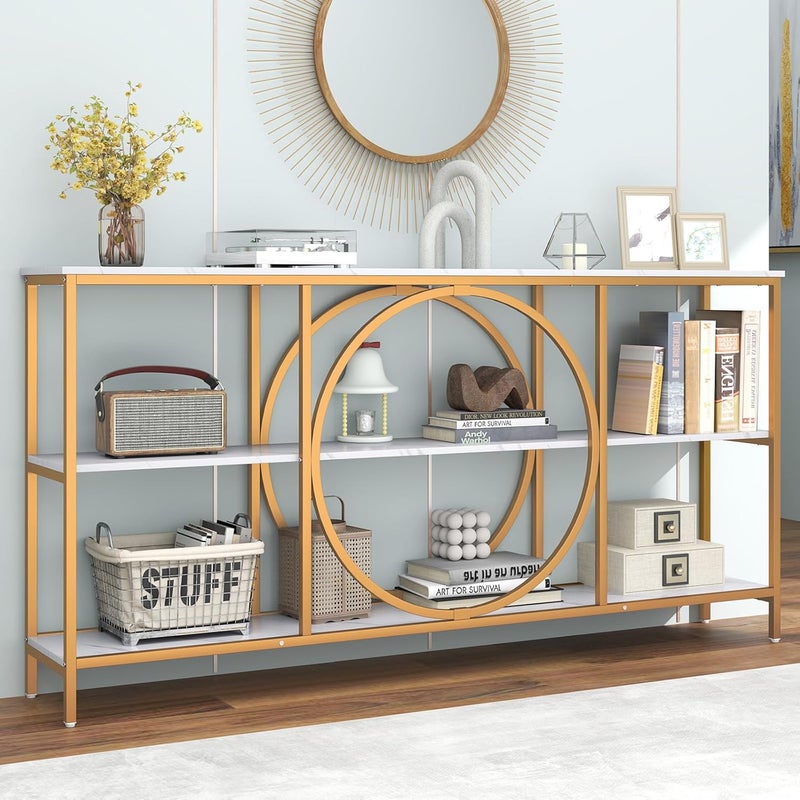 Stół Konsolowy z Marmuru w Kolorze Złotym – 180x30x90 cm – Stół do Przedpokoju z 3 Poziomami i Metalową Ramą – Wąski Stolik Pomocniczy – Długi Bufet