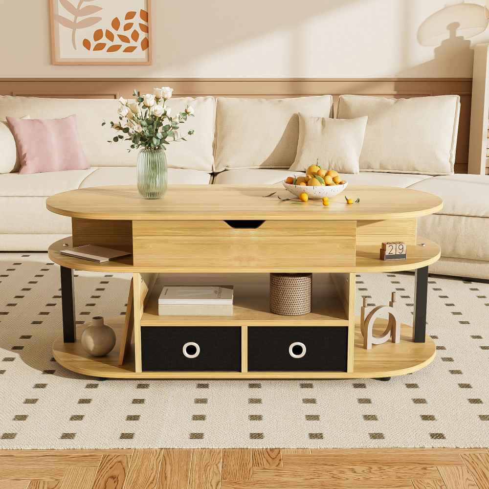 Table Basse Moderne Veines de Bois : avec Fonction Relevable, Espace de Rangement & Tiroirs en Tissu Noir, Polyvalente pour Salon & Bureau - 6