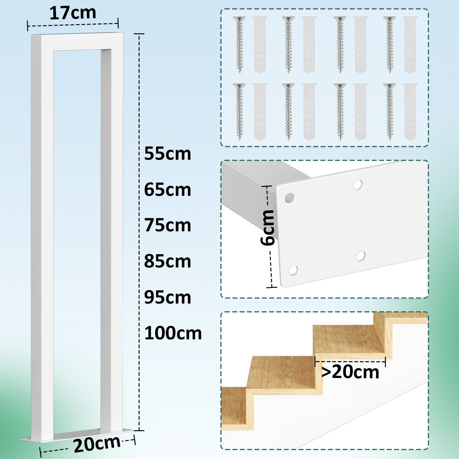 Forme en U Rampe d'escalier extérieure, 85CM de long, Fer, Blanc, rampe d'escalier pour porches et terrasses - 2