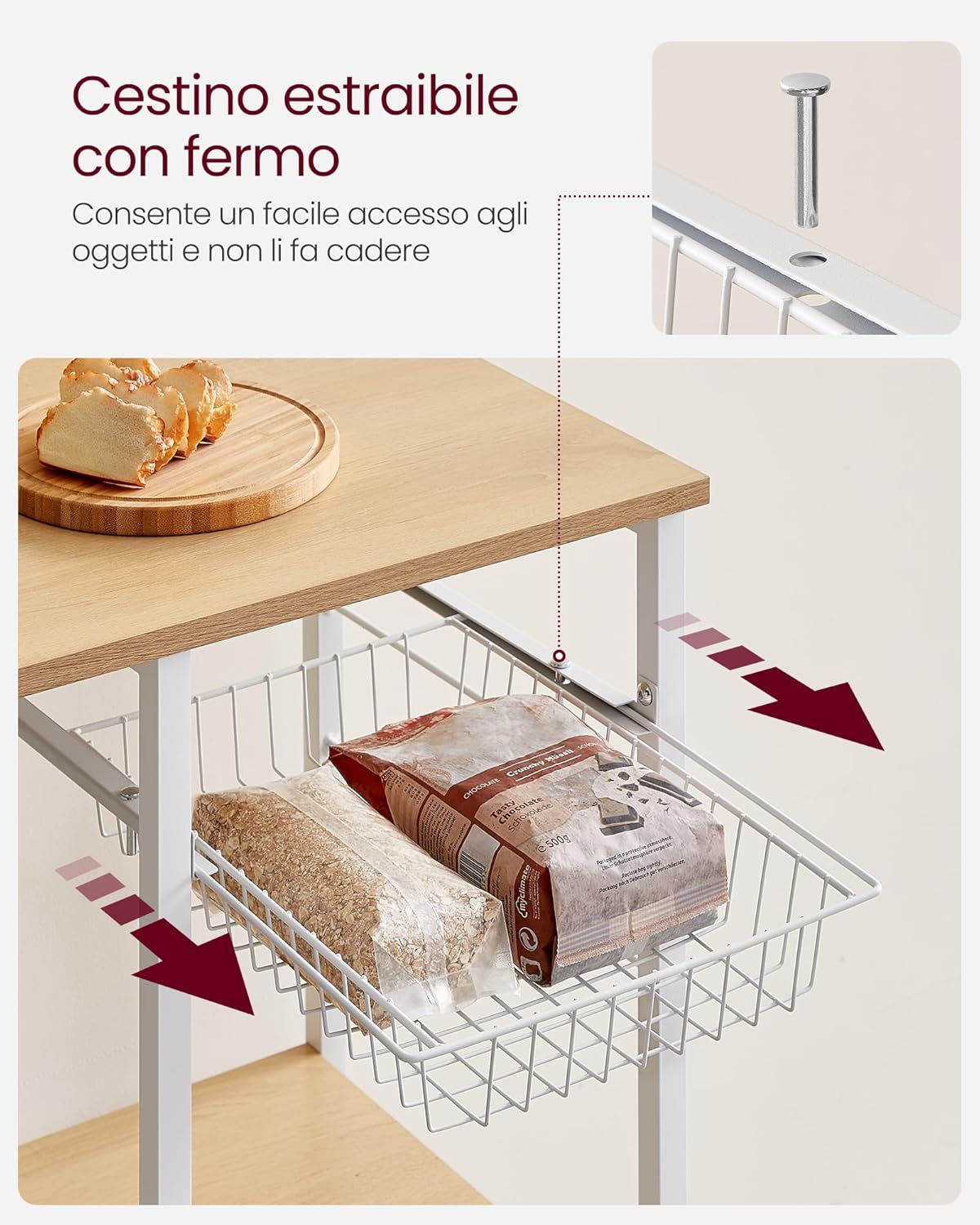 Scaffale da cucina con cestino in metallo, 6 ganci, per spezie, pentole e padelle, moderno, rovere beige e bianco - 5