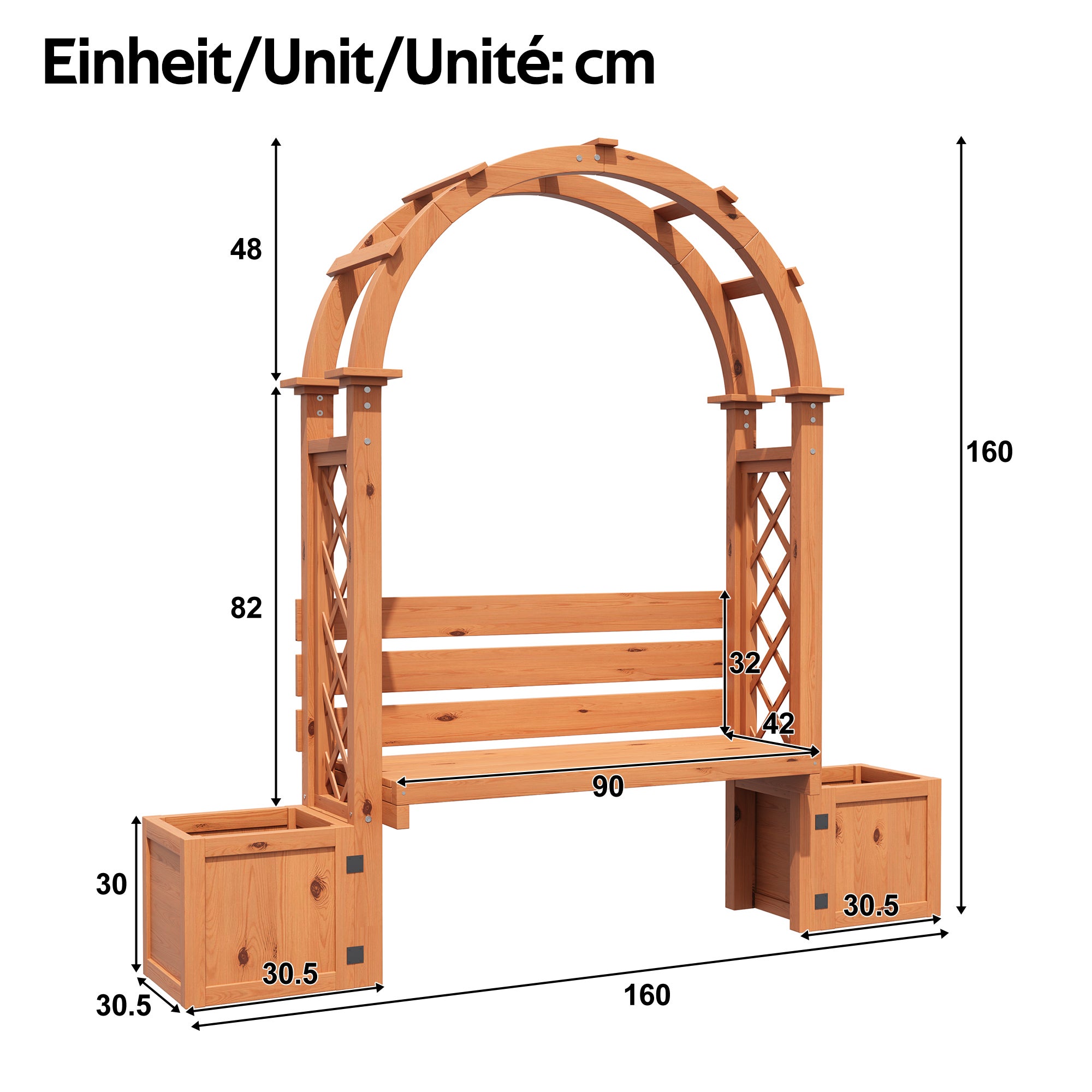 Jardinière sur Pièds avec Treillis en Bois massif + 1 Banc 2 Places - 160 x 30.5 x 160 cm - Naturel - 3