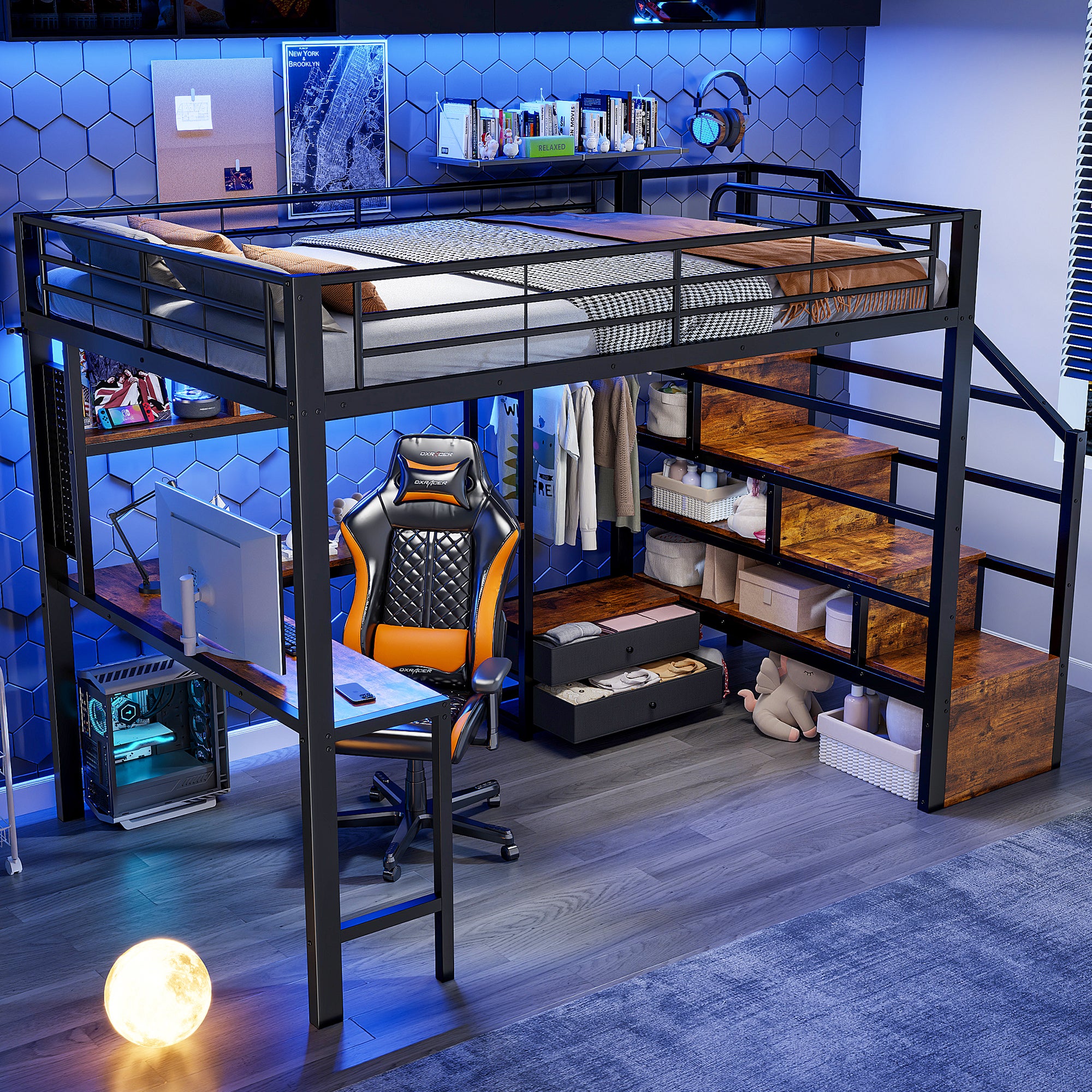 Lit Mezzanine en Métal 140x200 cm avec 2 Tiroirs et Penderie, Lit superposé avec échelle de rangement, Bureau et LED, Lit Double Noir, Sans matelas - 3