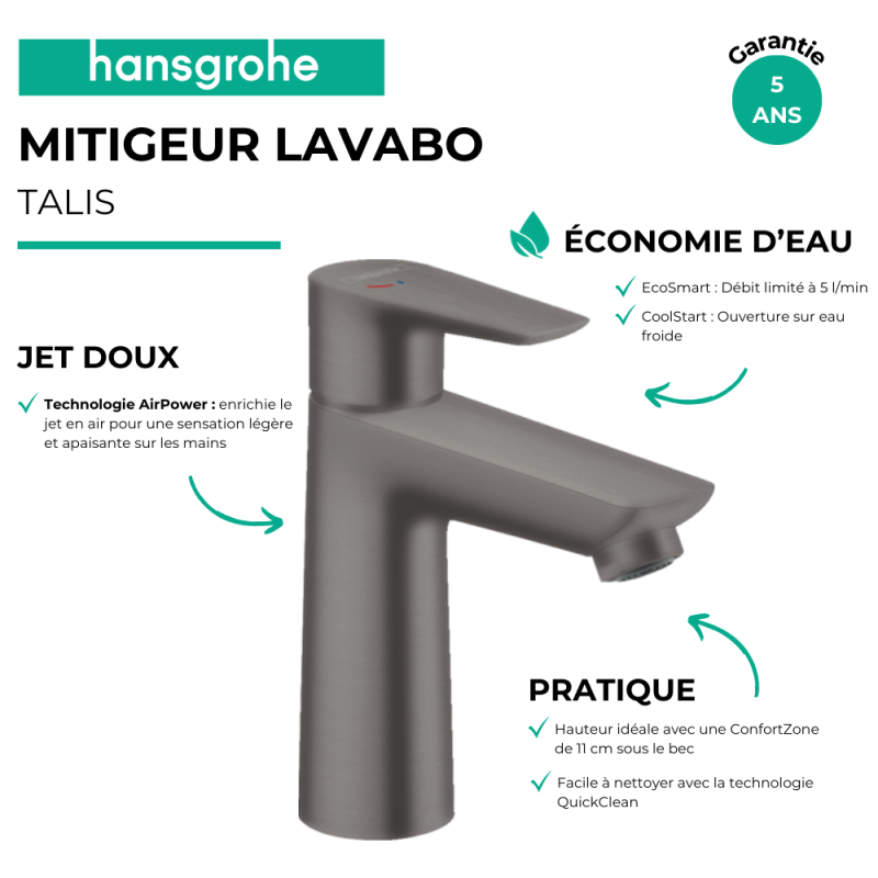 Mitigeur lavabo HANSGROHE Talis 110 CH3 Coolstart Noir chromé brossé sans vidage - 3