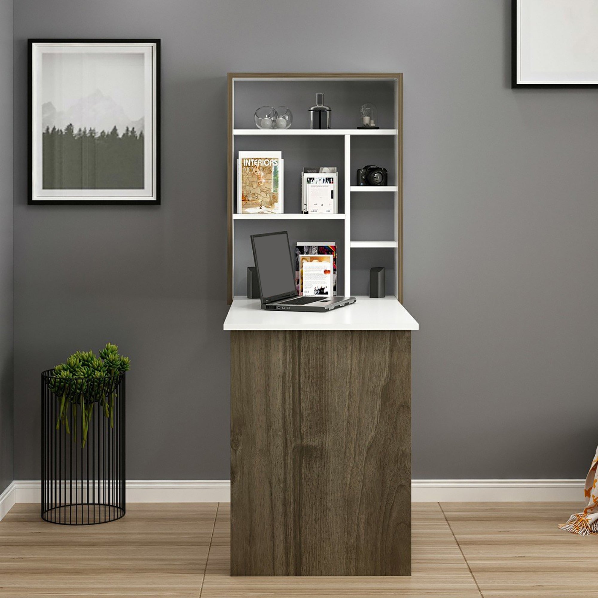 Bureau mural Greve rabattable avec étagère intégrée 82 x 62 x 16 cm blanc / effet noyer [en.casa] - 5