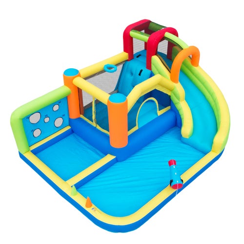 GYMMALL Maison gonflable double toboggan avec souffleur de 620 W, 12 en 1 pour parc aquatique, château gonflable extérieur et intérieur, maison transat avec grande piscine, mur d'escalade et parcours