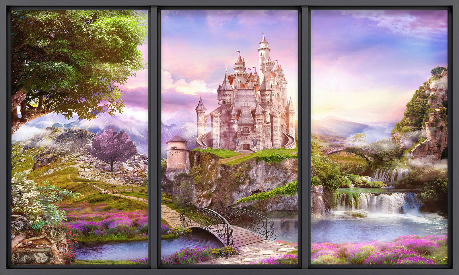 Papier peint panoramique intissé décoratif Trompe l'oeil baie vitrée Enfants - Château - L260 cm x H156 cm - 2