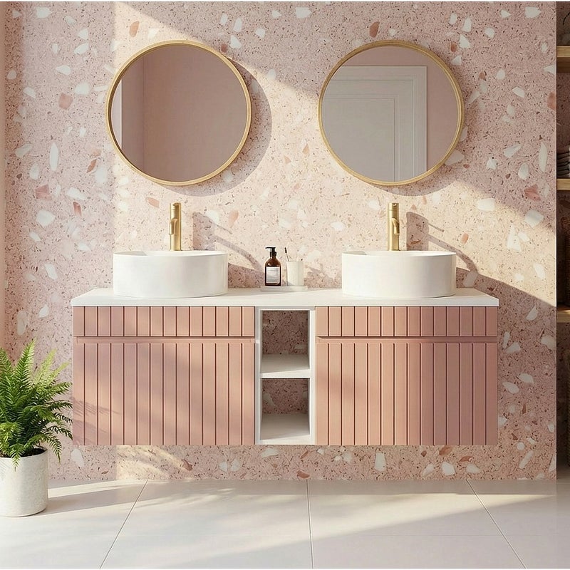 Wisząca, prążkowana szafka łazienkowa z wnękami i podwójną, okrągłą umywalką nablatową – Różowa – L140 cm – SATARA