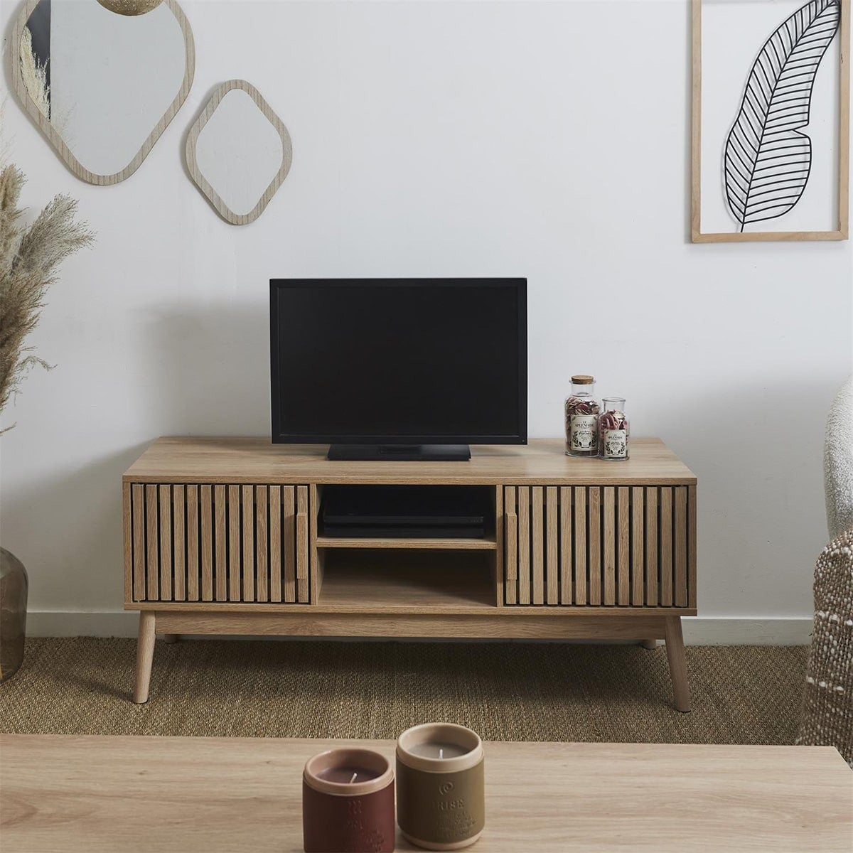 PAJAN - Meuble TV 2 Portes Effet Bois avec Tasseaux - 2