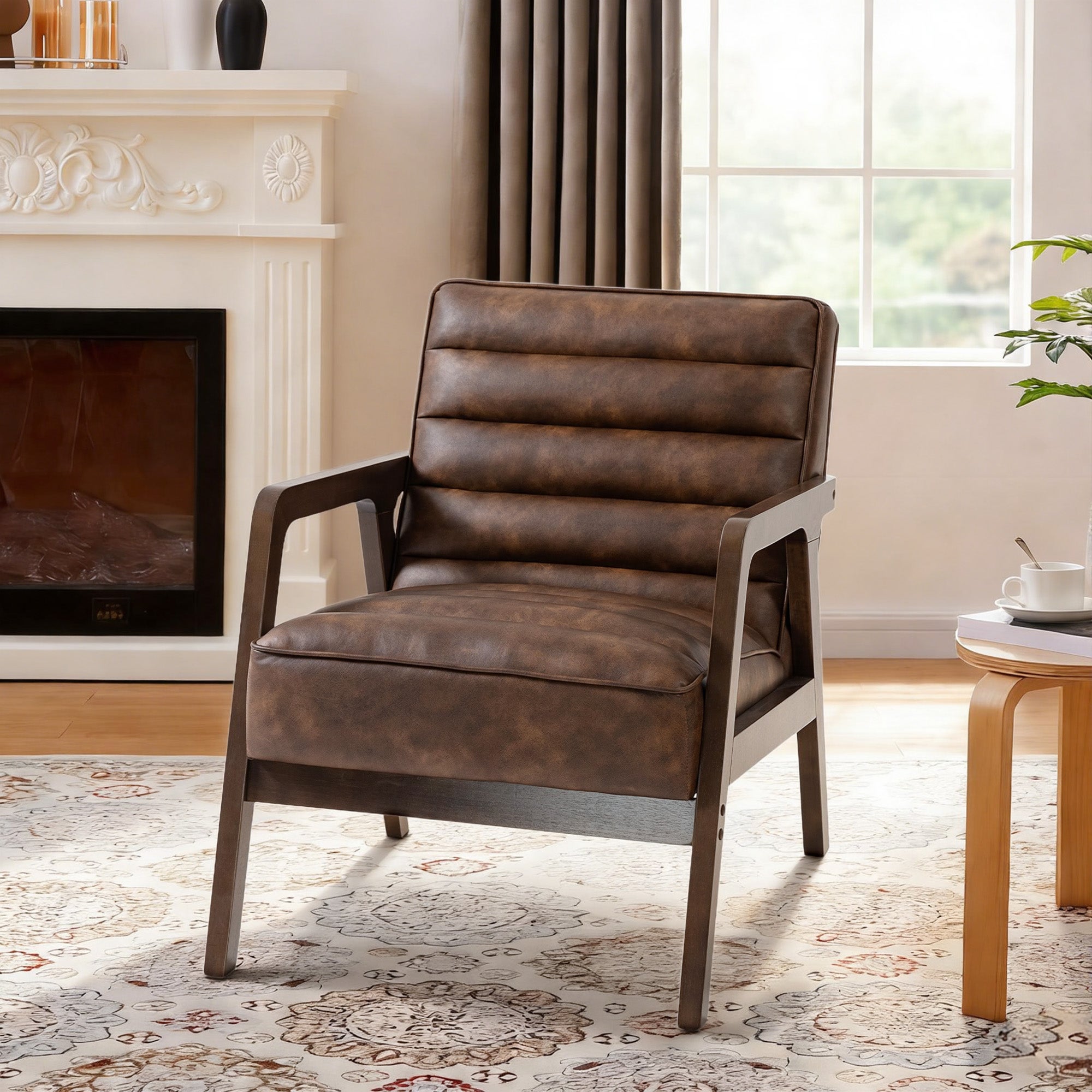 Fauteuil salon, fauteuil d'appoint rembourré en PU avec large assise, coussin épais et structure en bois massif, marron - COMFORTXL - 5
