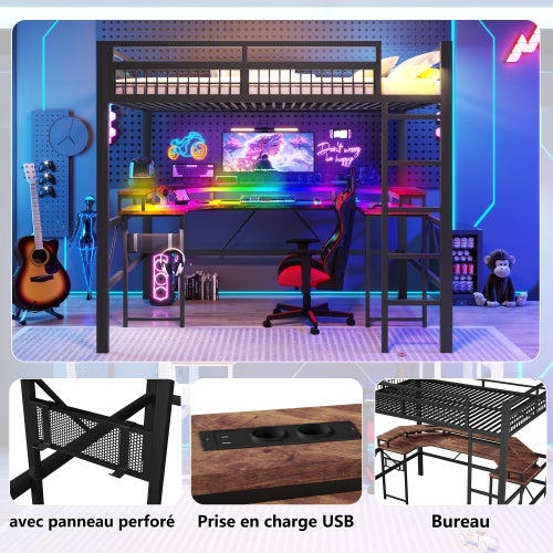 Lit Mezzanine 2 Place avec LED et USBTypeC, Lit Superposé Enfant 140x200 avec bureau et paroi perforée, Structure en fer Noir(Sans Matelas) - 6